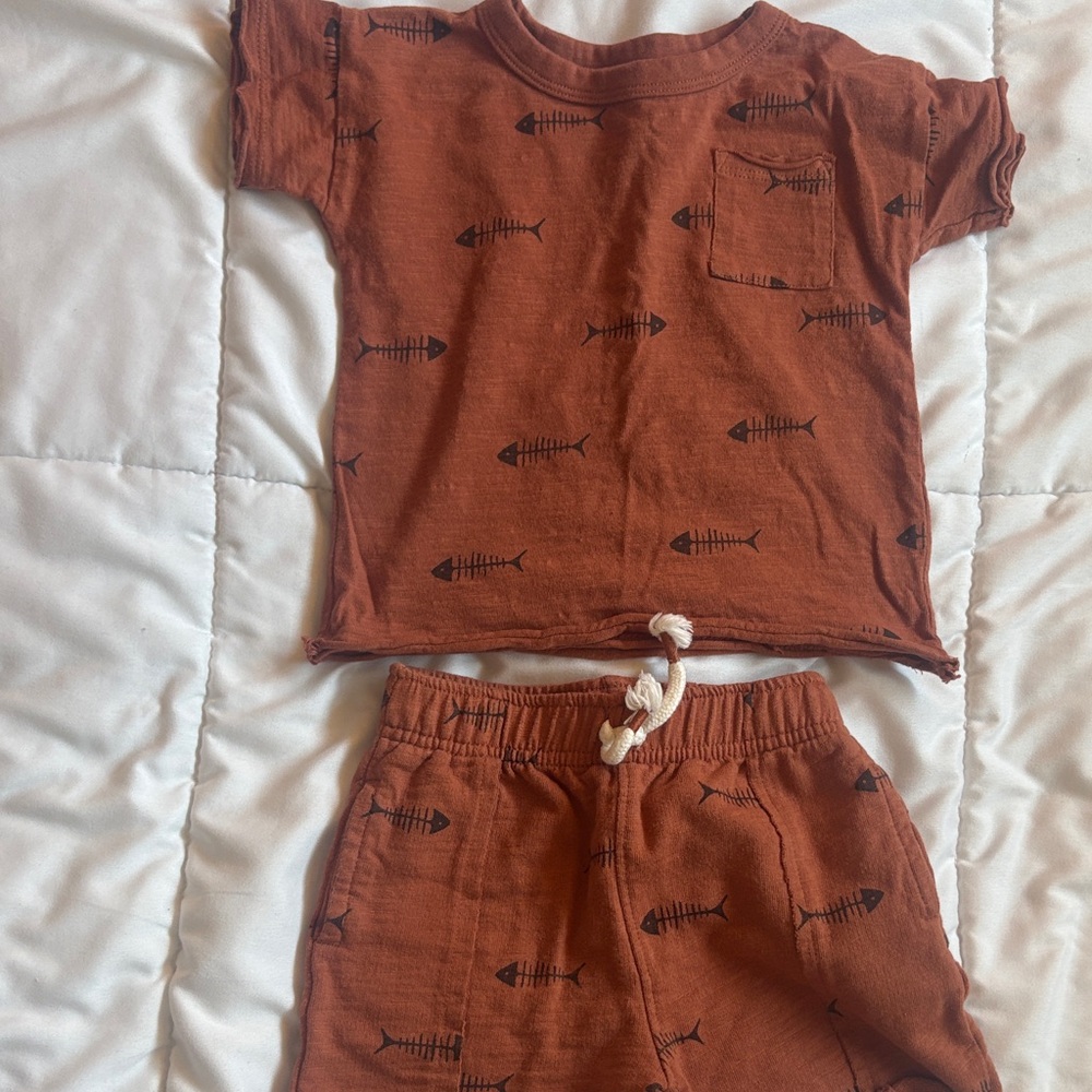 Kids Fish Print Matching Set - Brown